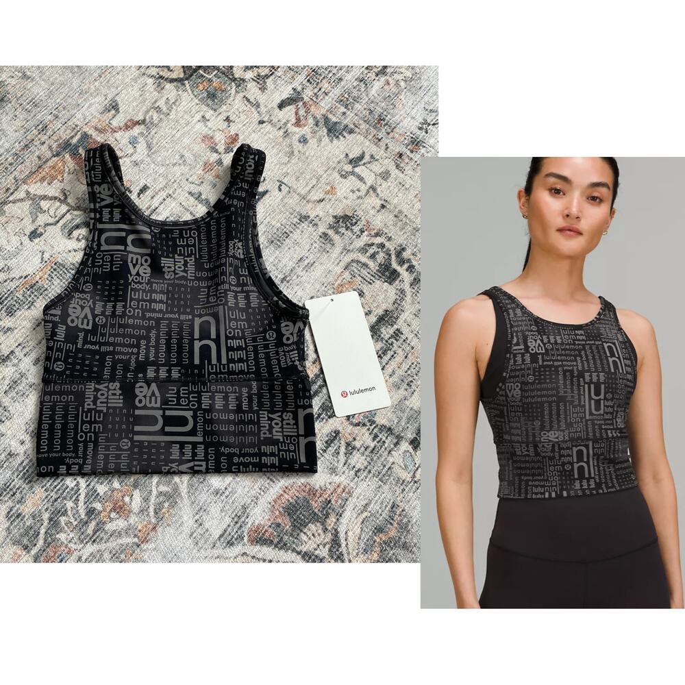 NWT Lululemon Power Pivot Everlux Tank Motif Women's 4 Black Logo Print
